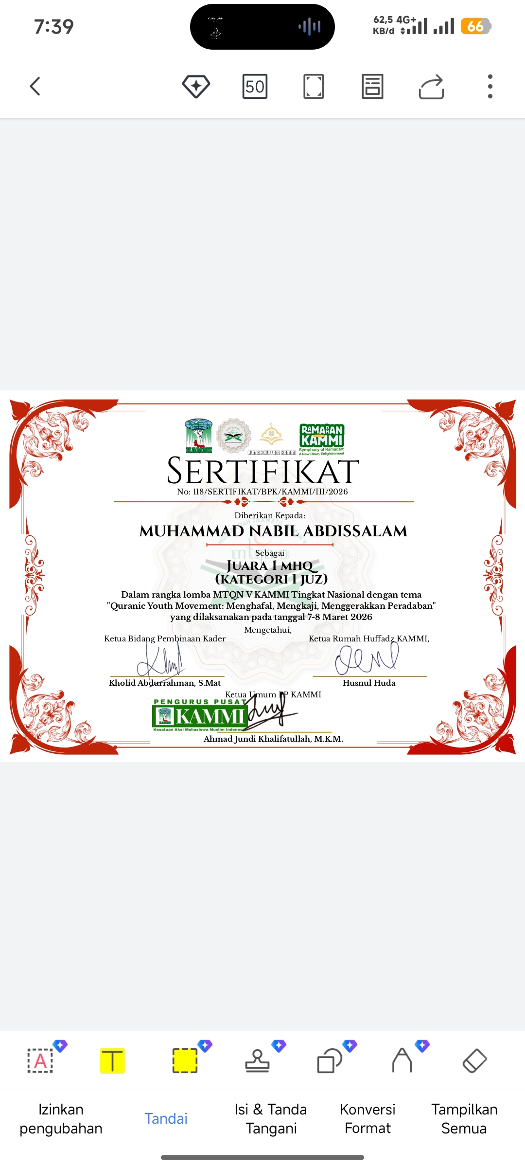 Bukti prestasi Juara 1 MTQN Kategori 1 Juz