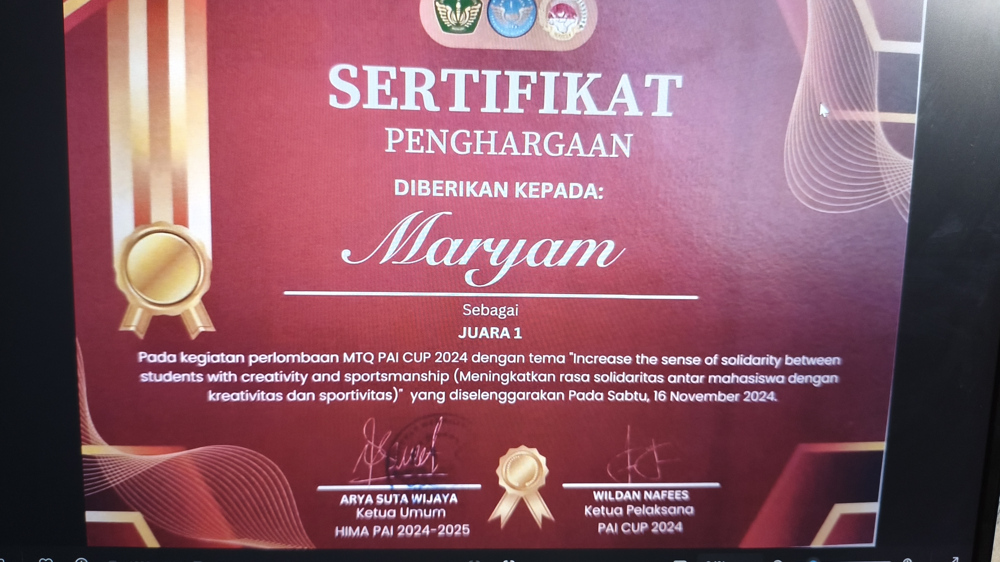Bukti prestasi Juara 1 lomba MTQ